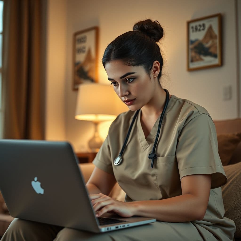 A nurse reviewing her finances on a digital dashboard.