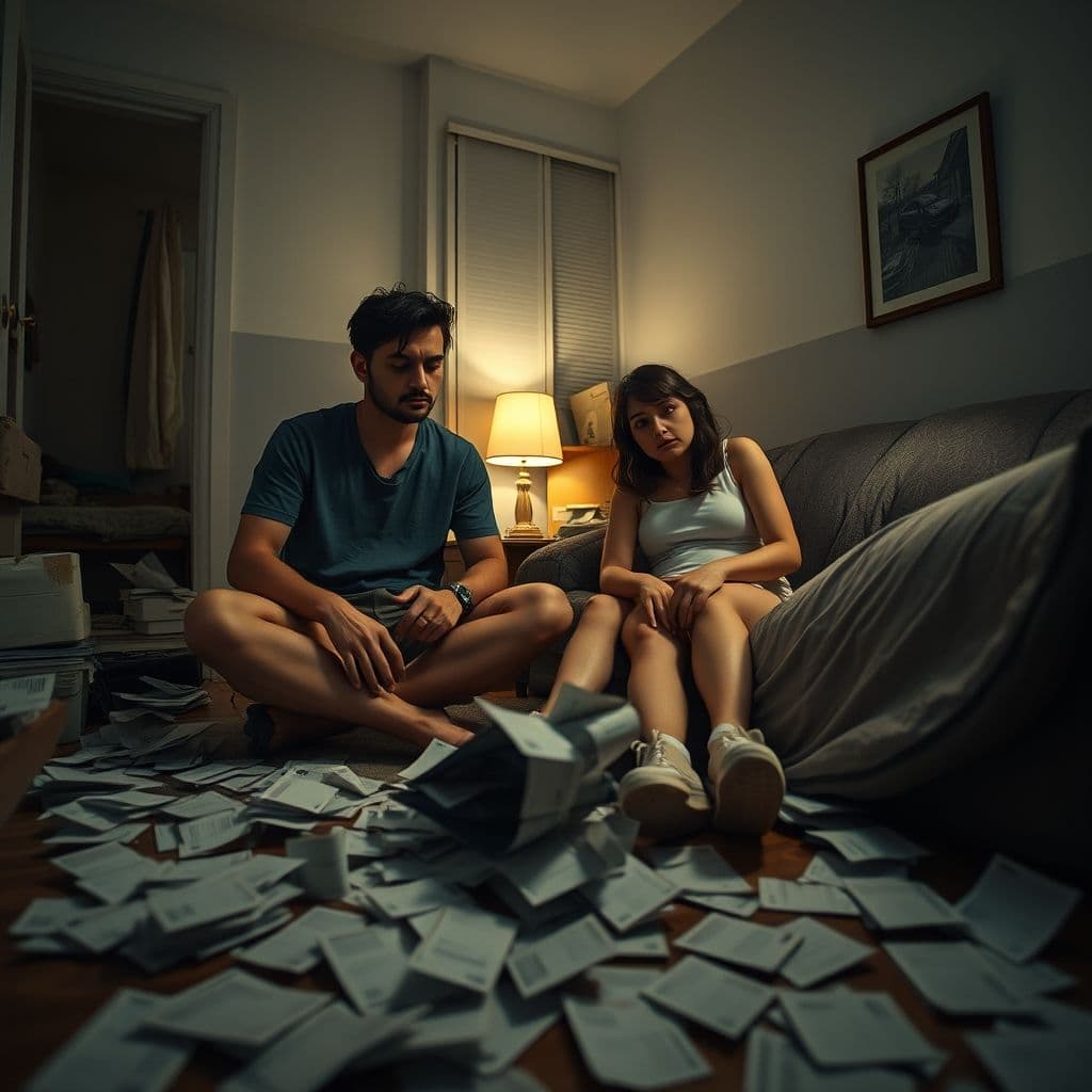 Frustrated couple reviewing overwhelming debt statements on a cluttered table.