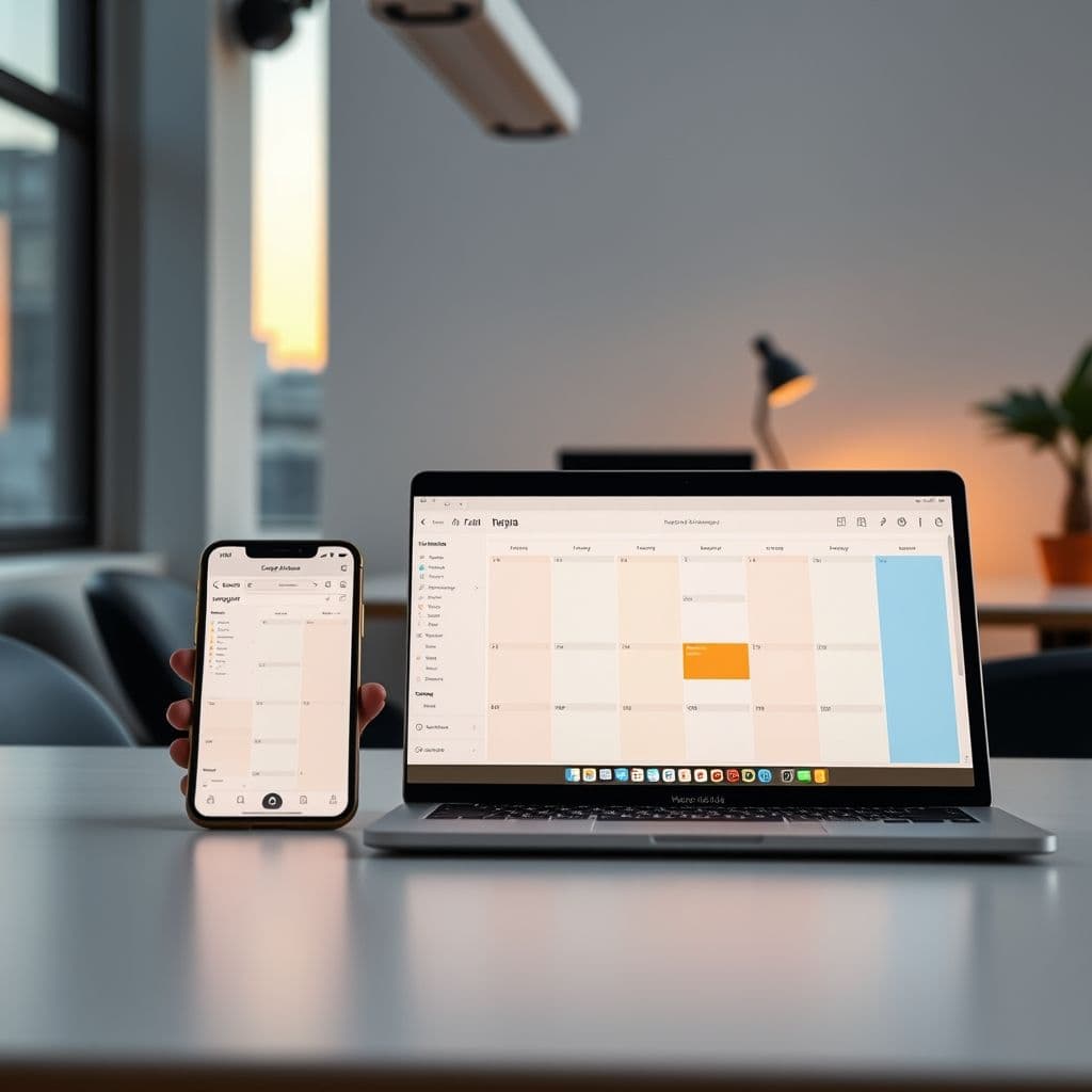 A sleek digital planner interface on a laptop and smartphone, showcasing customizable task management features.