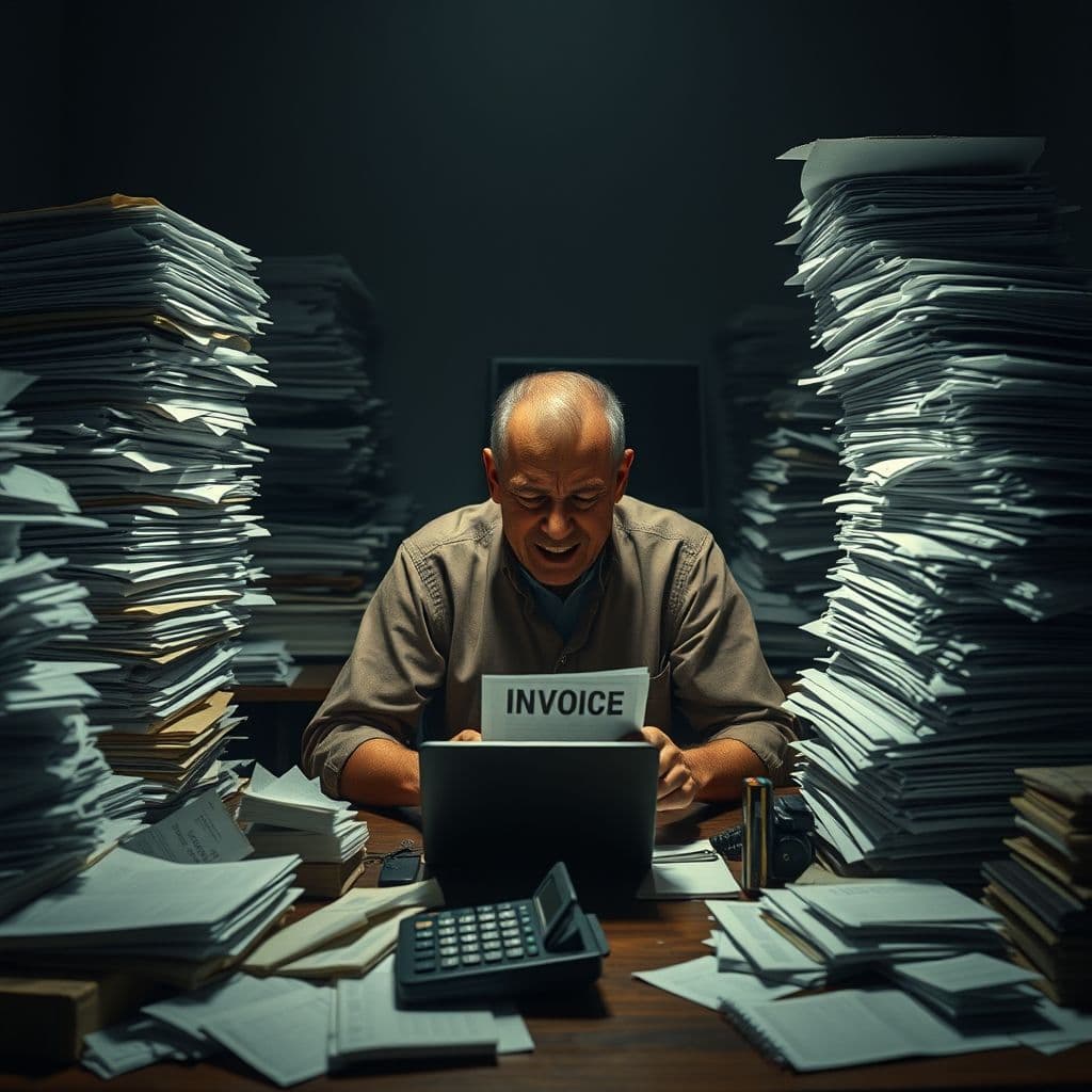 A small business owner overwhelmed by bills and financial stress.