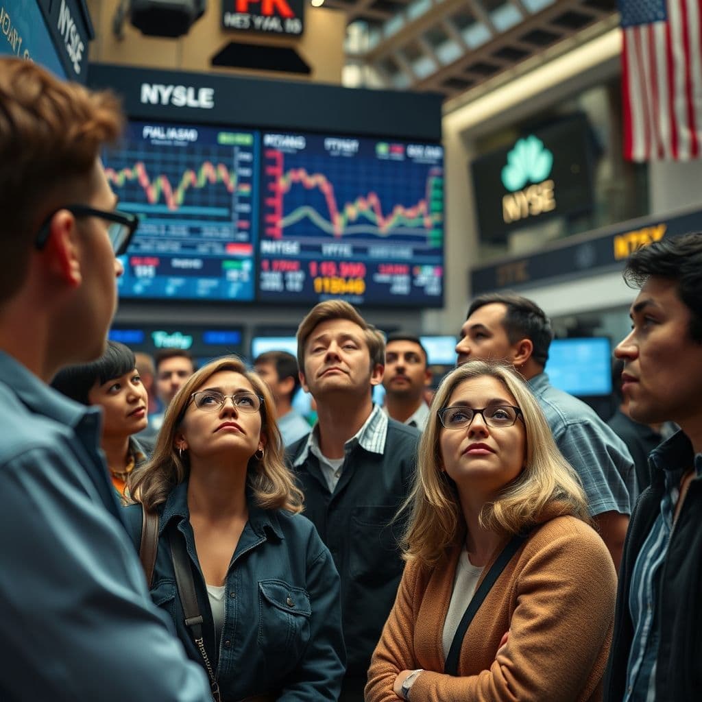 A group of diverse people looking confused at financial charts on a large screen.