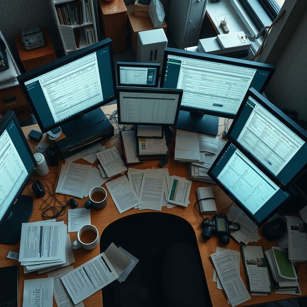 Marketer overwhelmed by multiple open tabs and spreadsheets for client outreach.