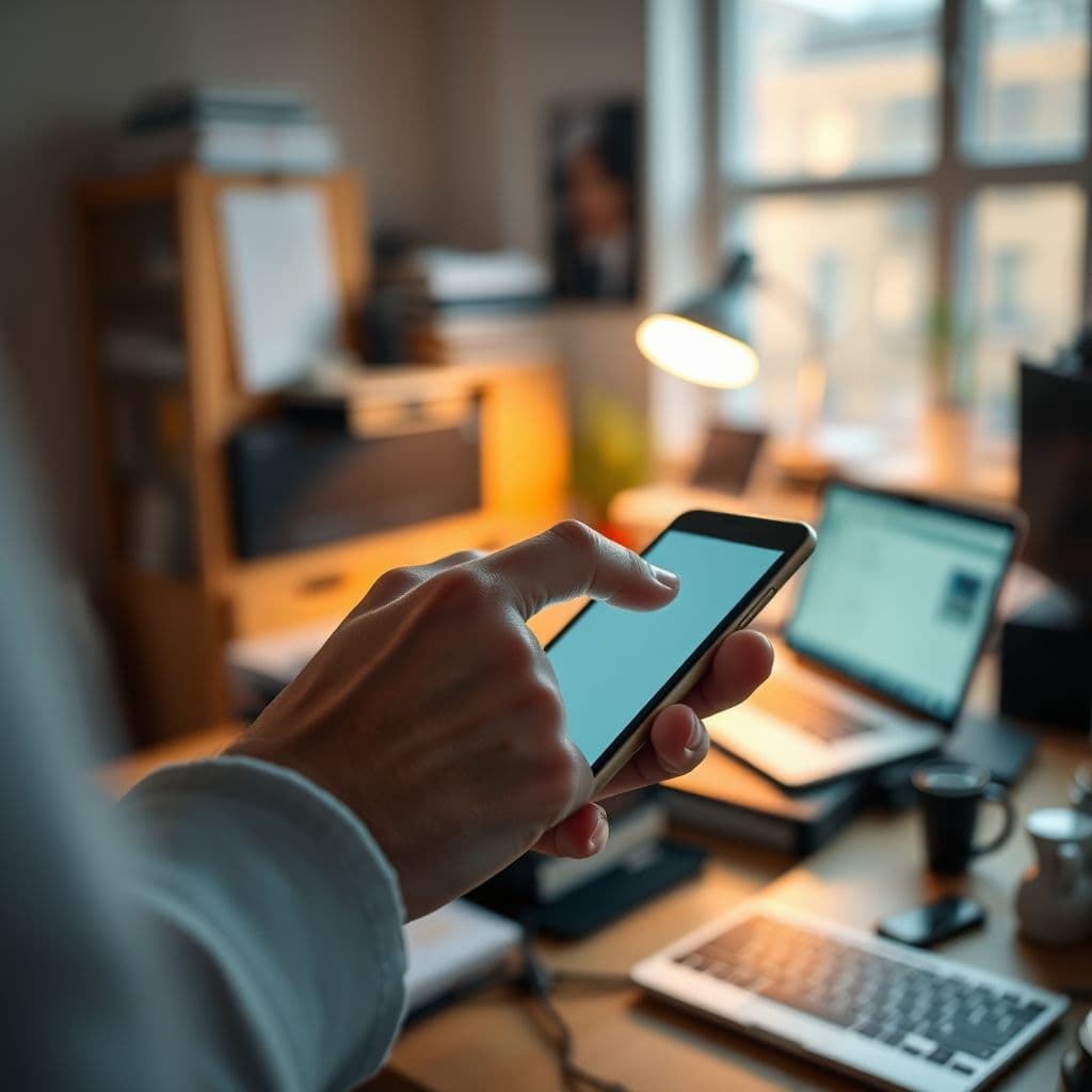 Freelancer checking phone anxiously for client response