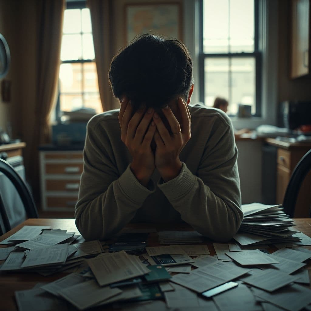 A stressed individual overwhelmed by credit card bills and financial documents.