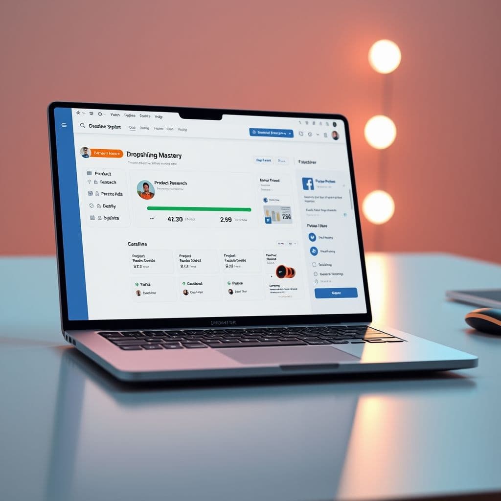 A sleek, modern interface of a learning platform showing a progress dashboard for a dropshipping course.