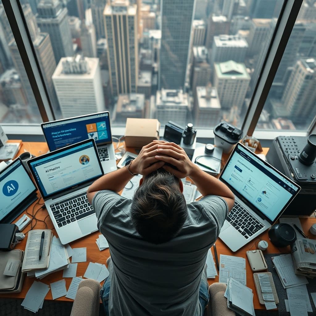 Frustrated content creator overwhelmed by multiple AI tools and manual processes