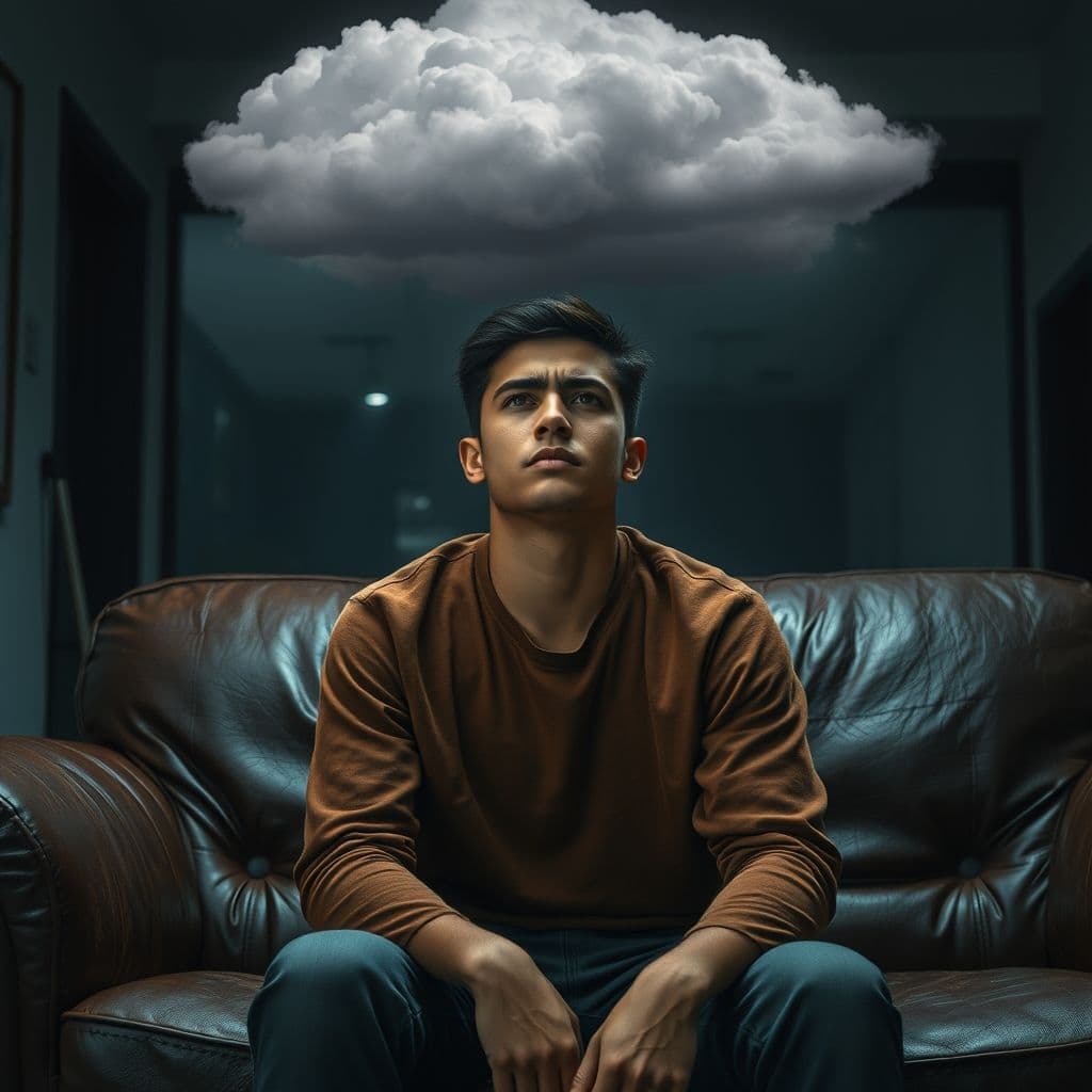 A person sitting alone, deep in thought, with a stormy background representing overthinking.