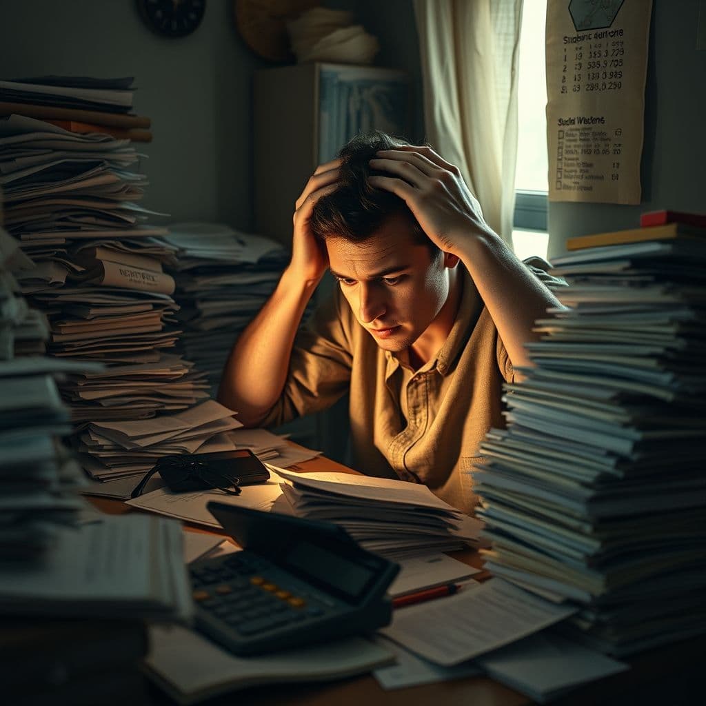A person overwhelmed by student loan paperwork and financial stress.