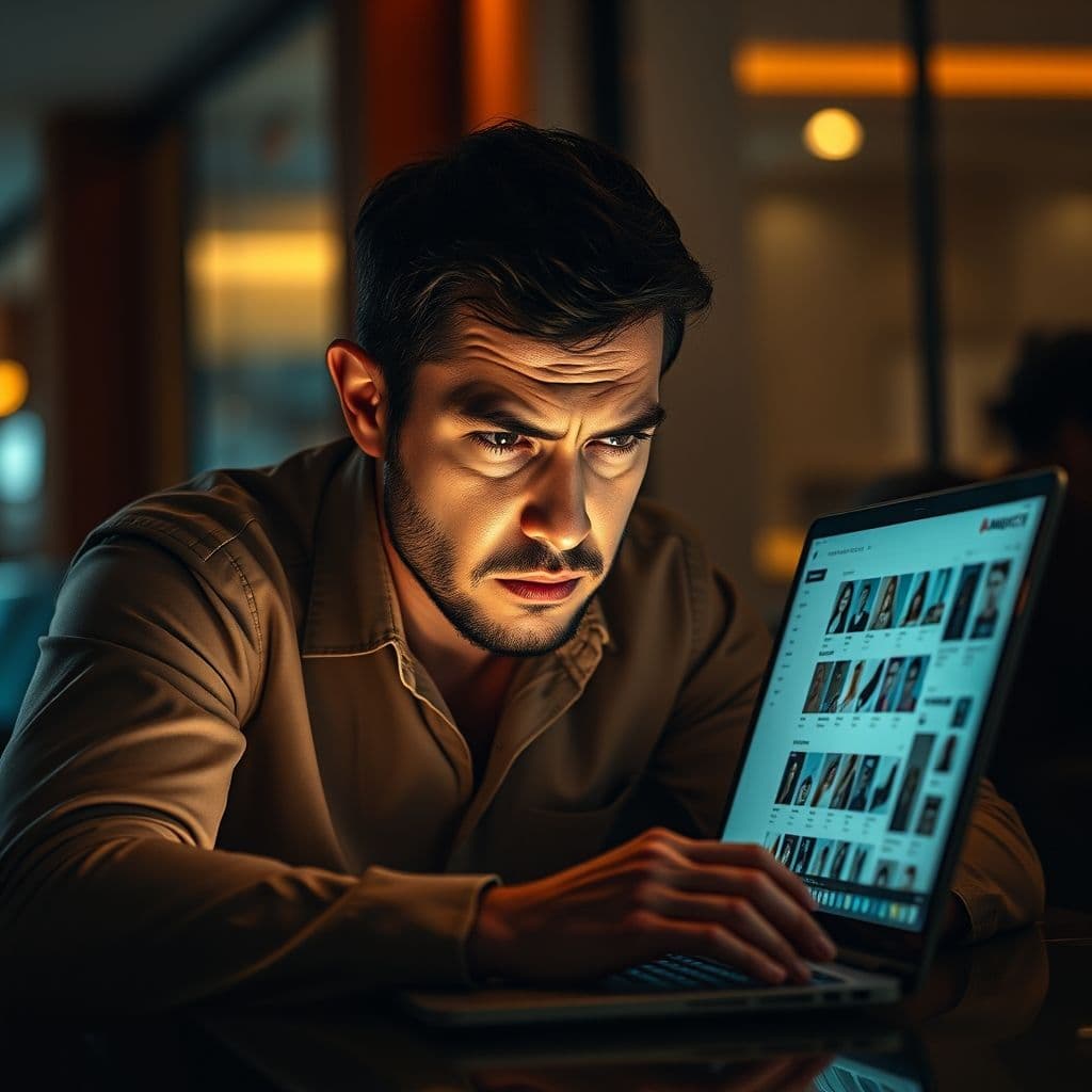 Frustrated Amazon seller looking at a laptop screen with product listings.