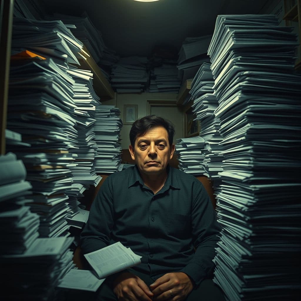 A stressed individual surrounded by financial documents and debt statements.