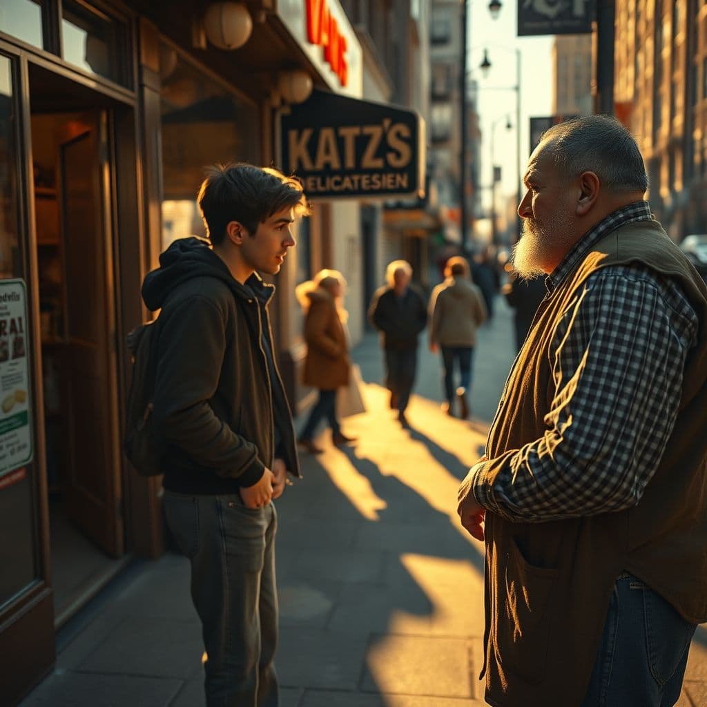 Angry business owner confronting a customer on a public sidewalk.