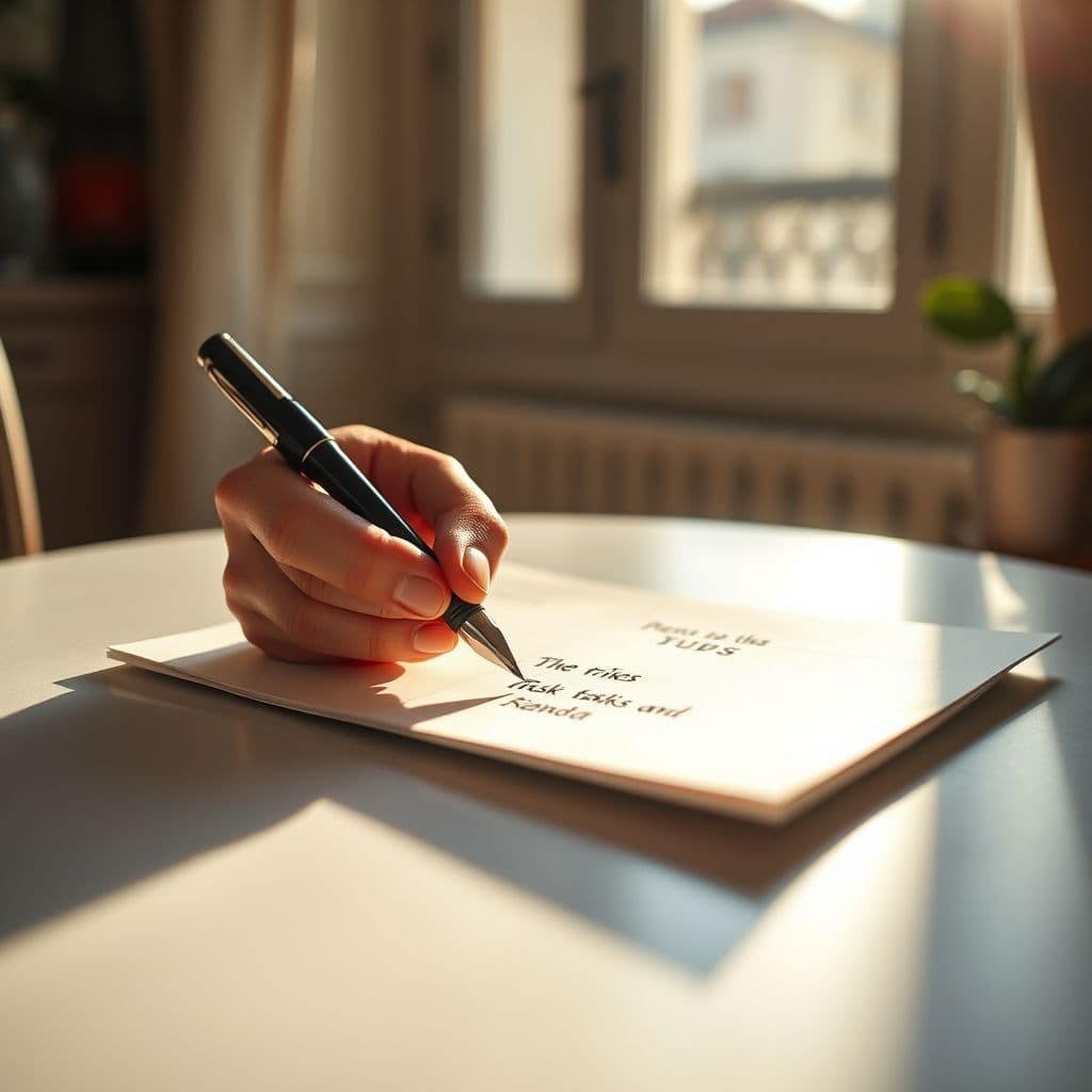 A person writing three priority tasks on a blank piece of paper with a focused expression.