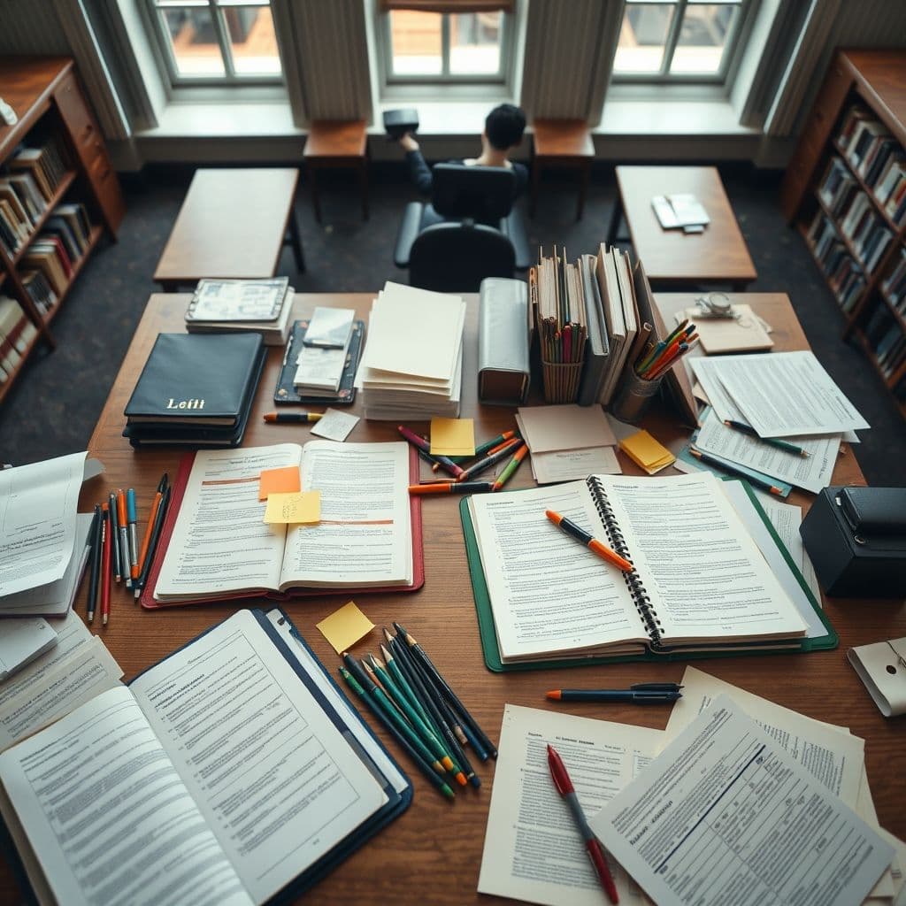 A paralegal's desk cluttered with multiple planners and colored pens.