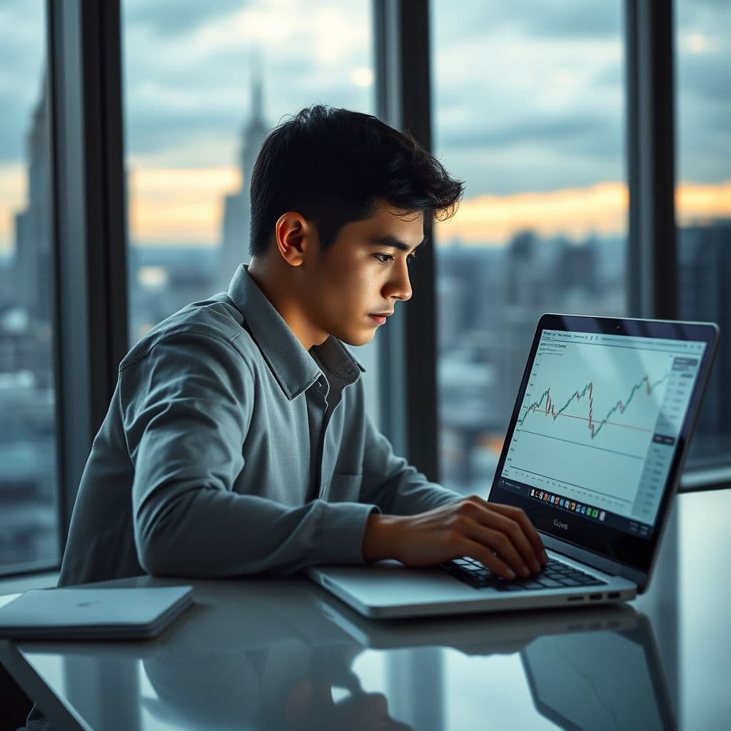 A confused beginner investor looking at a complex financial chart on a laptop.
