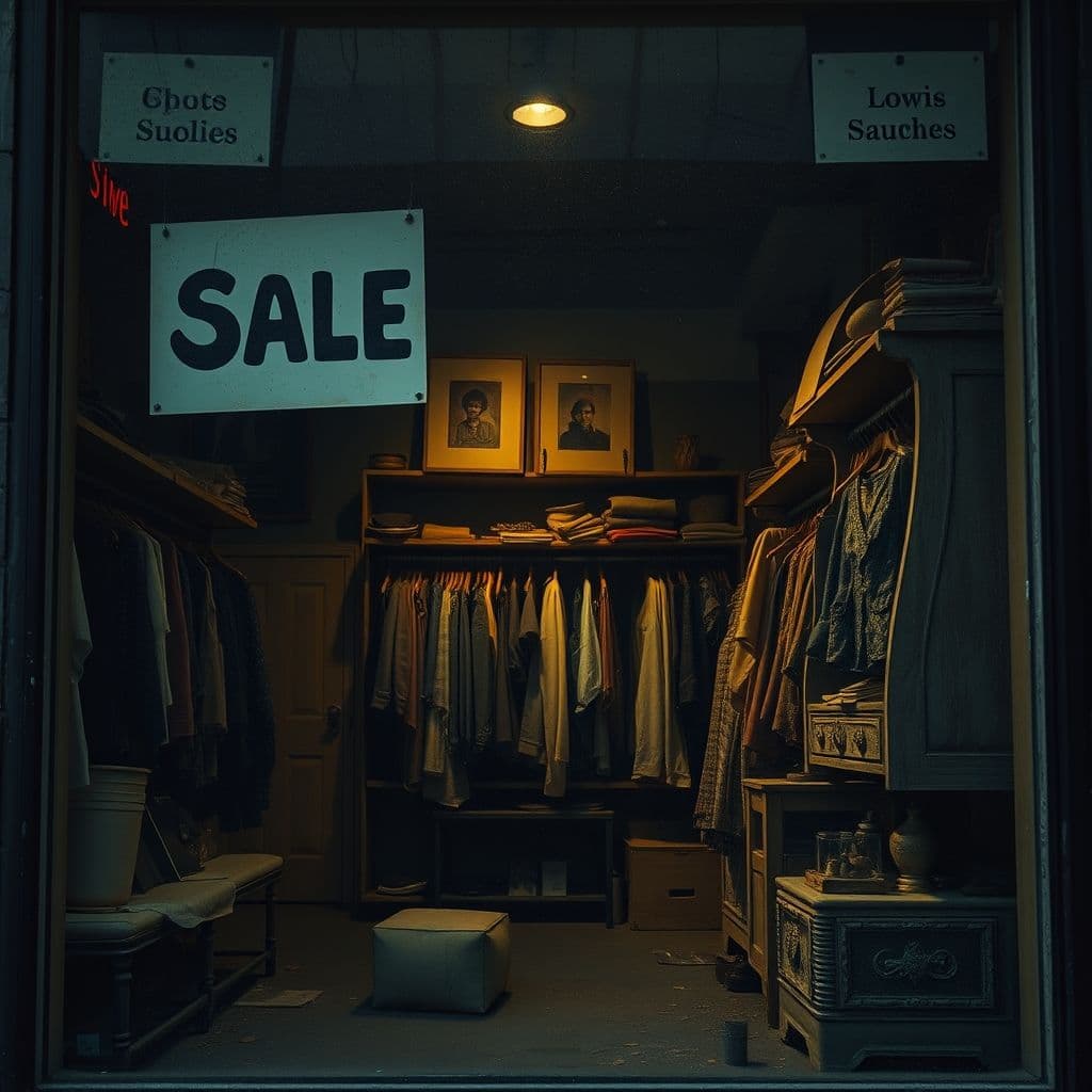 An empty retail store with a 'Sale' sign but no customers.