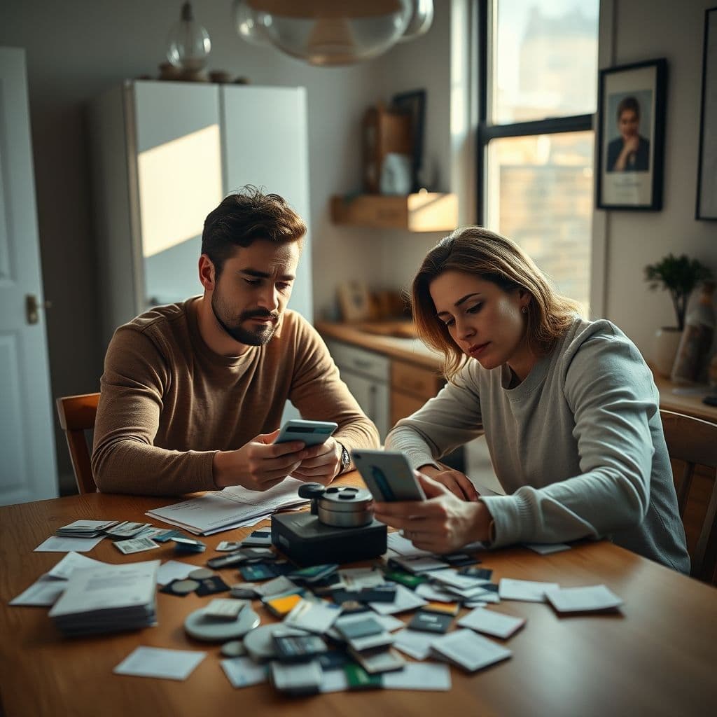 Frustrated couple managing multiple credit cards and debt statements.