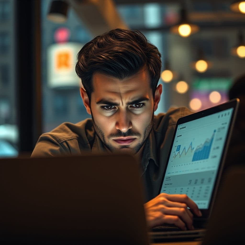 Frustrated digital marketer looking at a laptop screen with low engagement metrics.