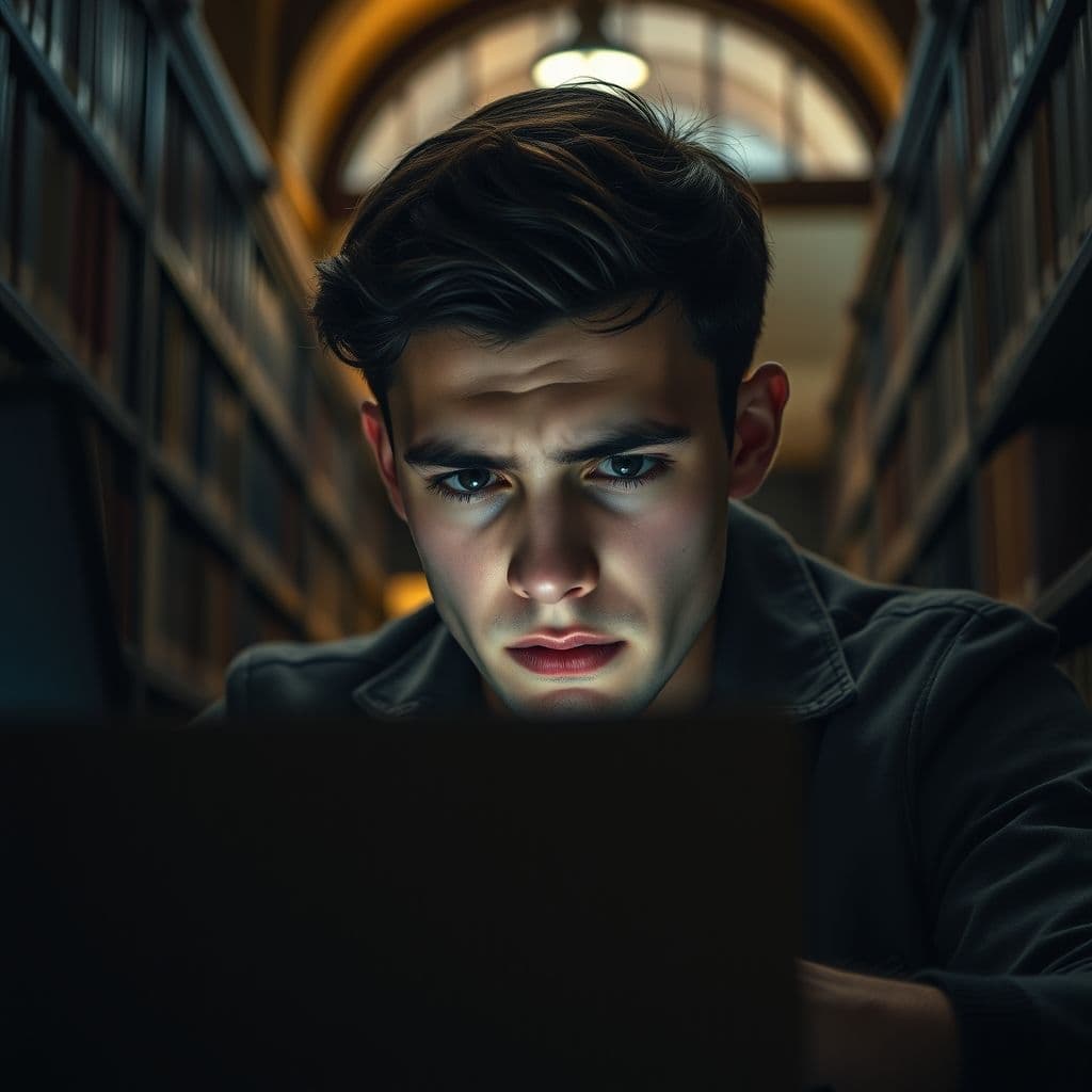 Frustrated user interacting with ChatGPT on a laptop, showing punctuation errors.