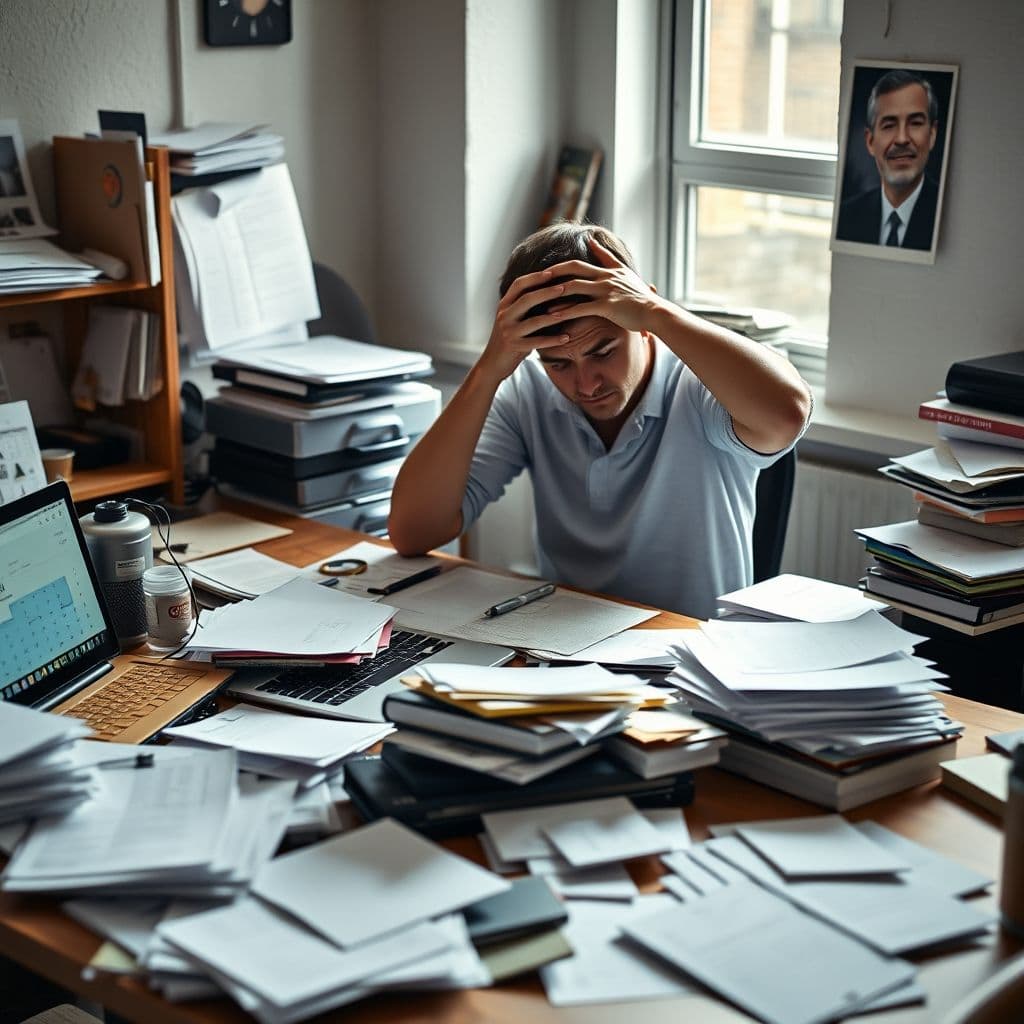 A user overwhelmed by multiple productivity apps on their screen.