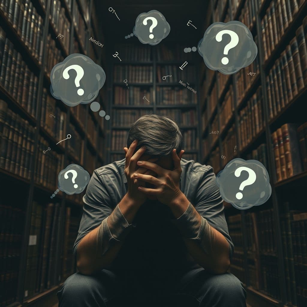 A person overwhelmed by swirling thoughts, representing the chaos of overthinking.