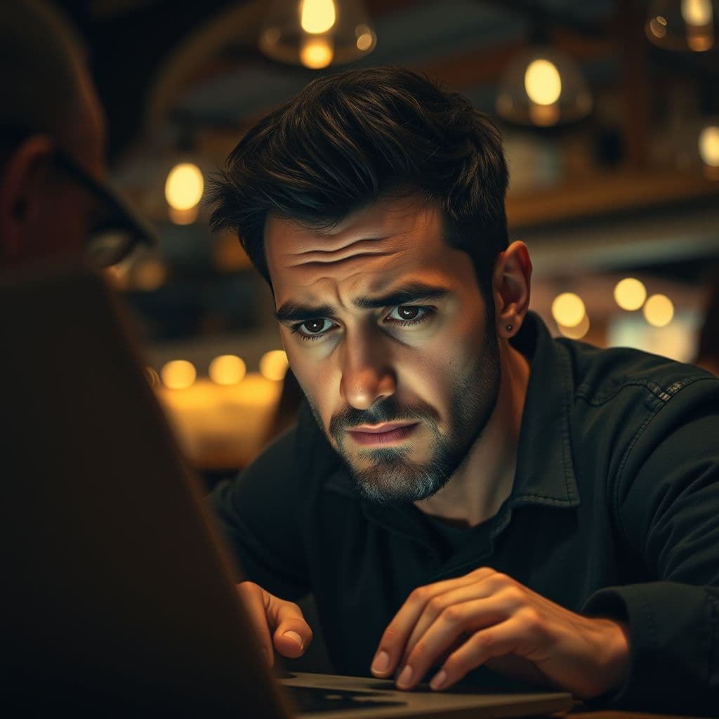 A small business owner looking at a laptop screen showing a refund request notification.