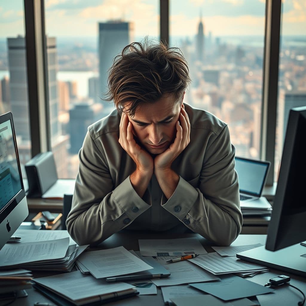A person feeling overwhelmed with burnout, sitting at a desk with a laptop.