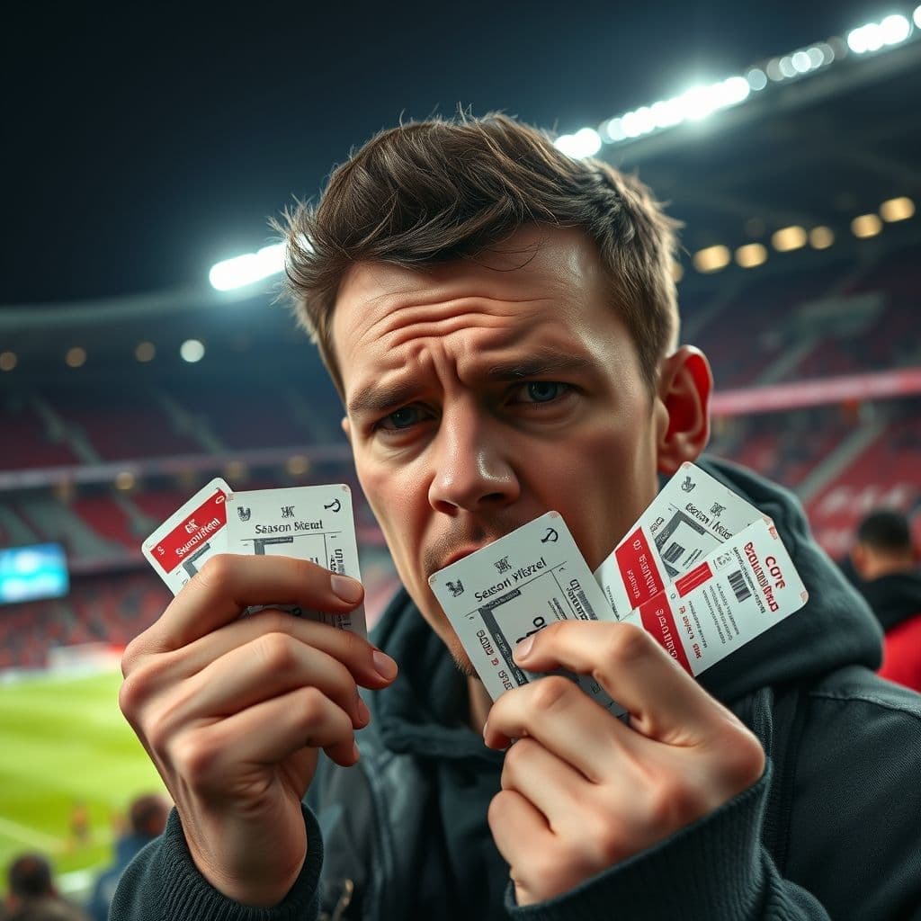 Frustrated football fan holding season tickets with a confused expression.