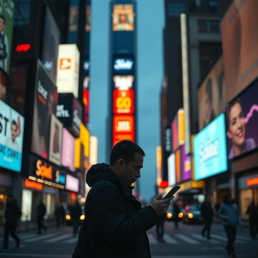 A lonely person looking at their phone in a crowded city.