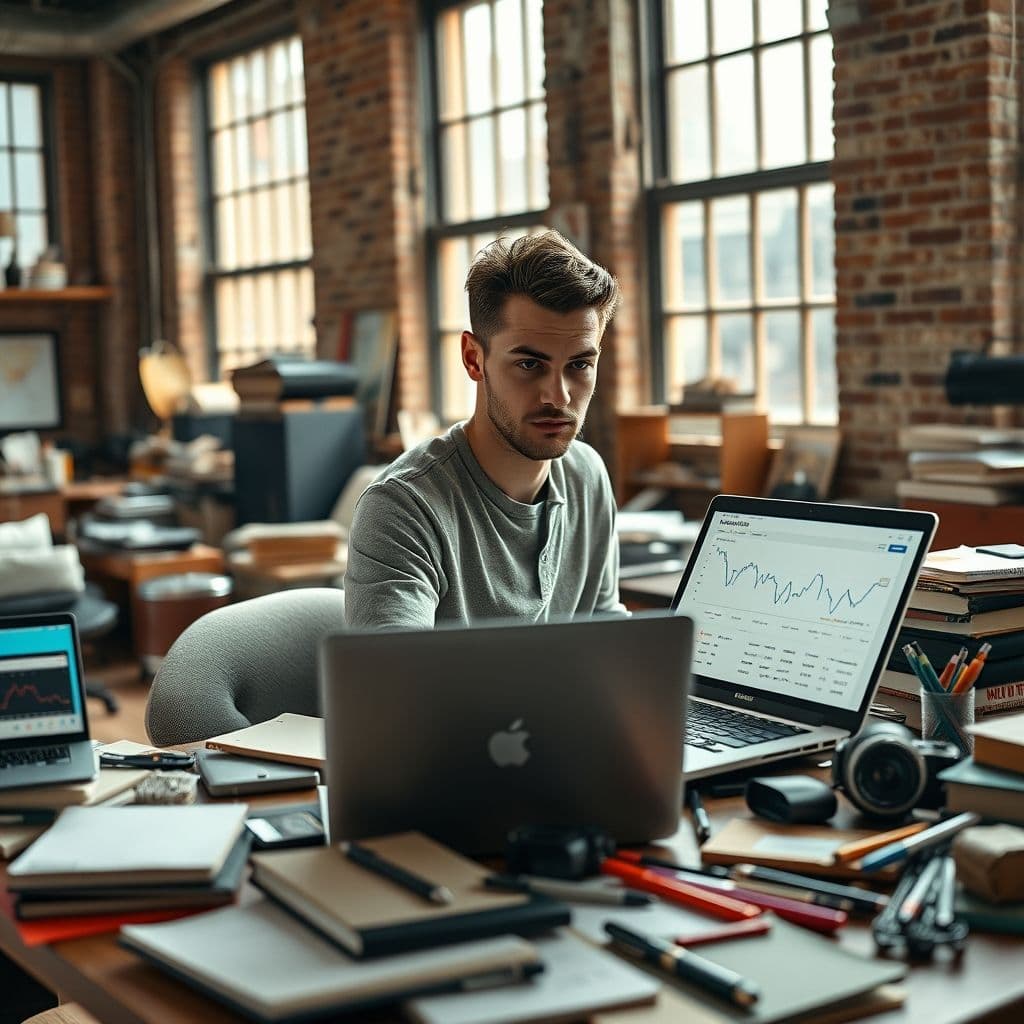A frustrated entrepreneur looking at a laptop screen showing dropshipping analytics.