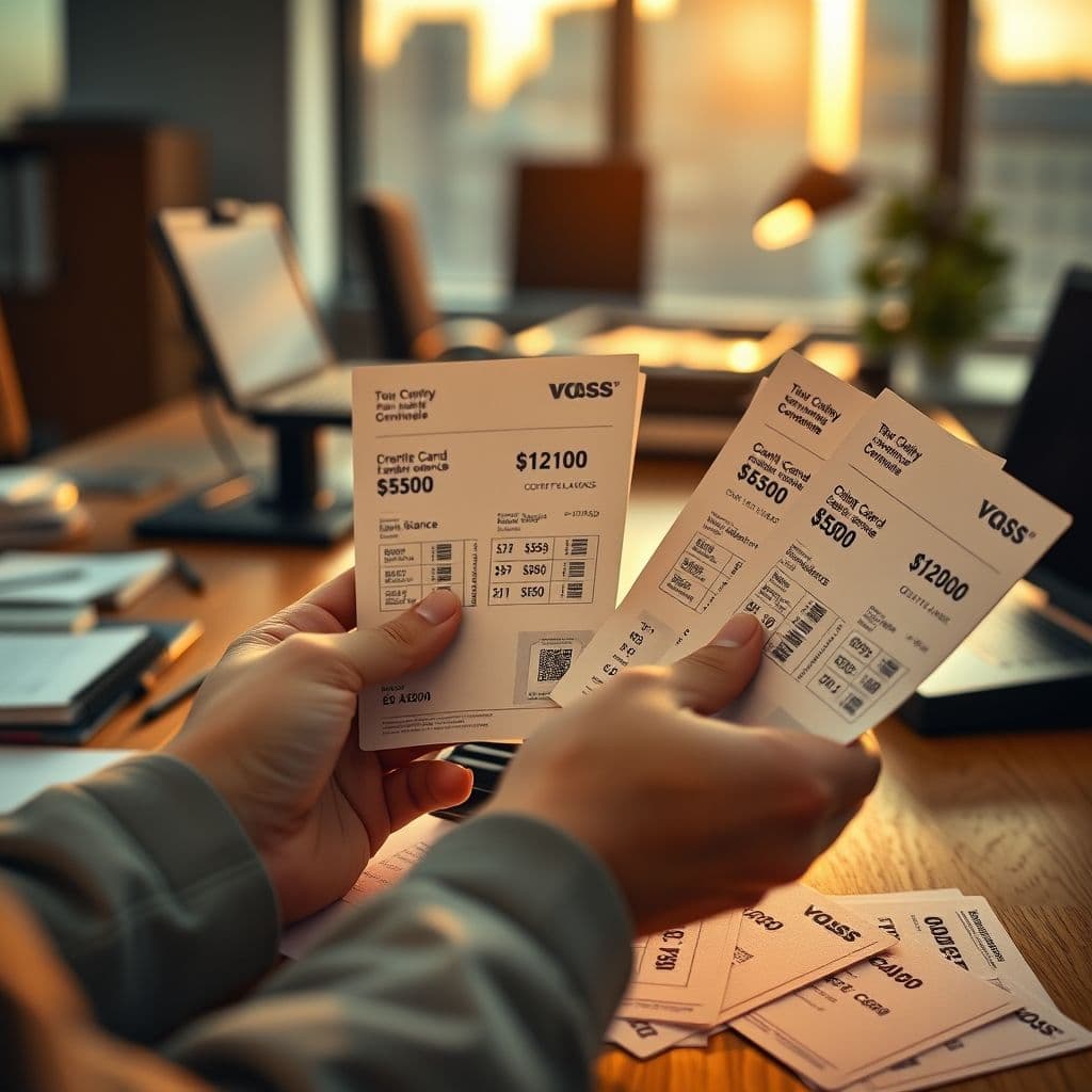 A person overwhelmed by multiple credit card statements and bills.