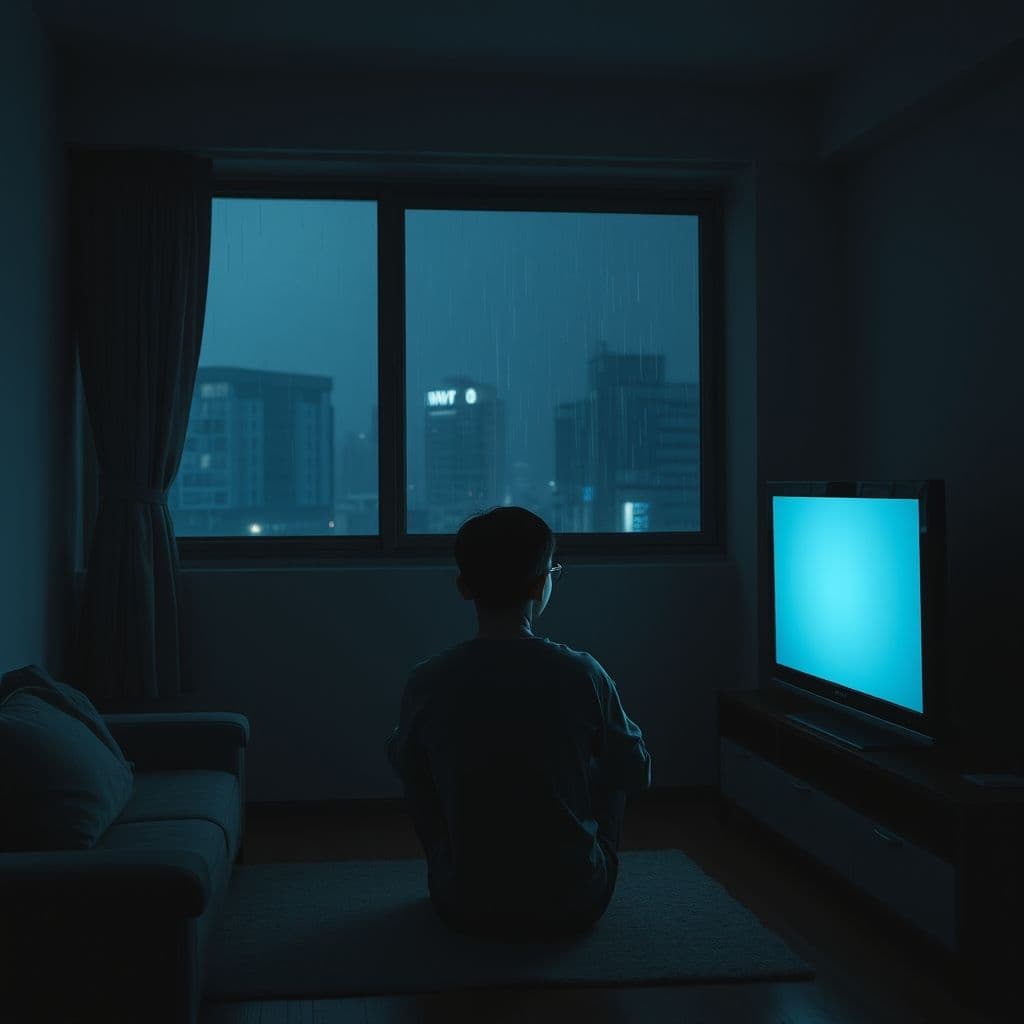 A person sitting alone at home after a long workday.