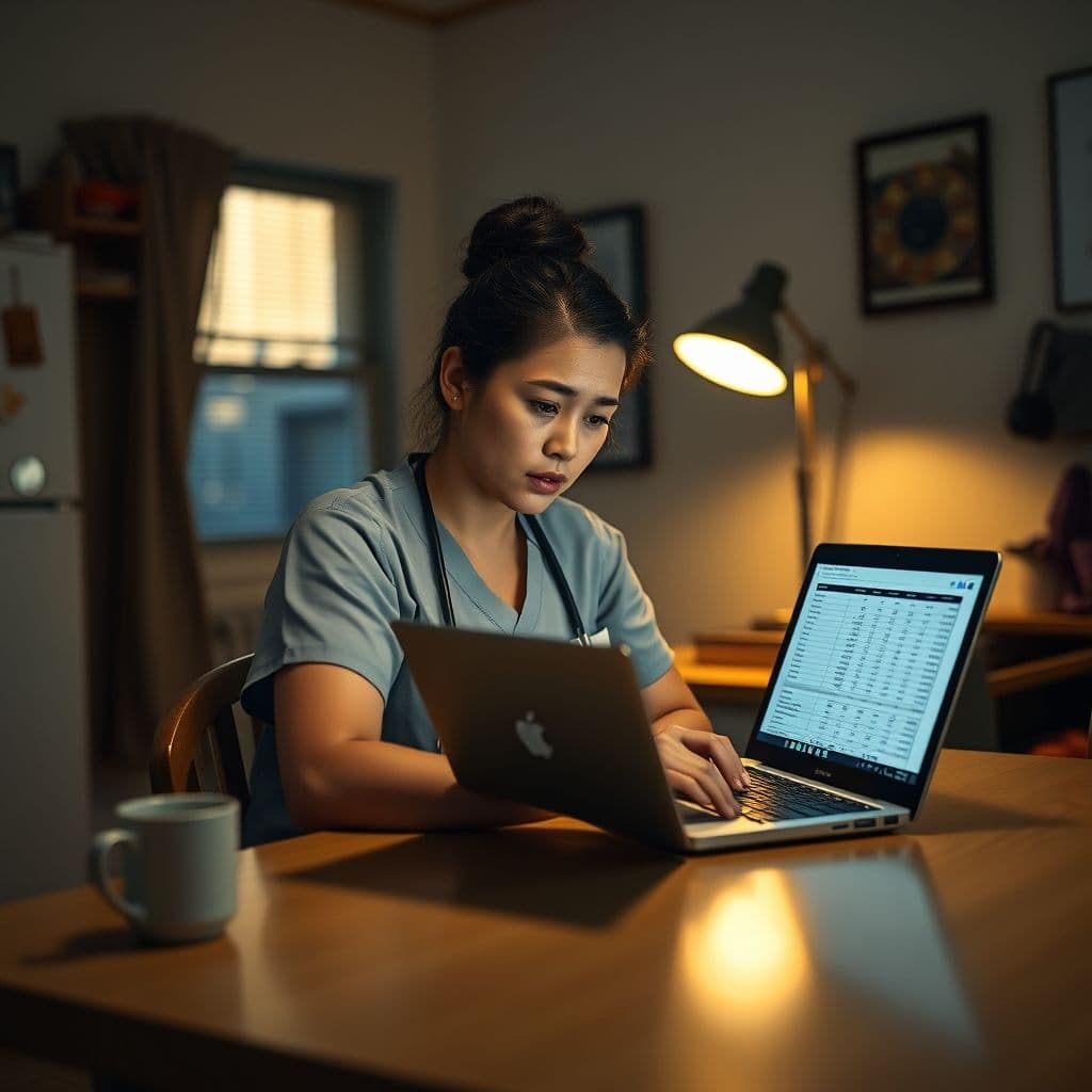 A nurse reviewing her budget on a laptop with a stressed expression.