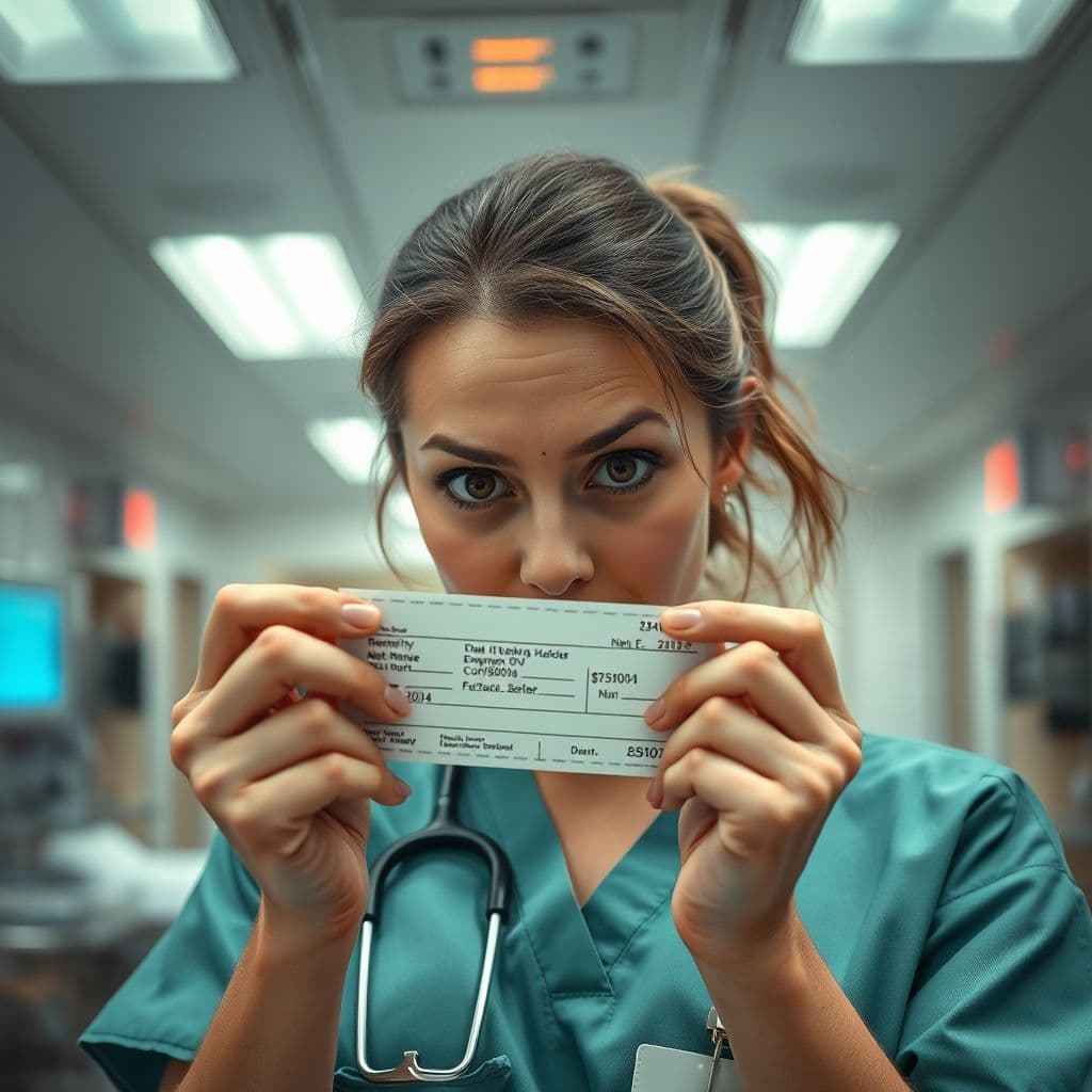 A nurse frustrated by her paycheck deductions.
