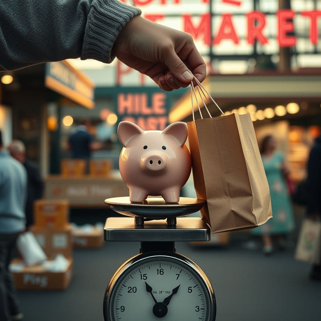 A person balancing a piggy bank and a shopping bag on a scale.