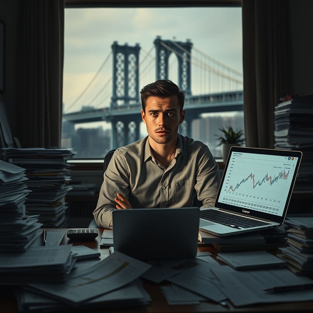A stressed individual surrounded by financial documents and calculators.