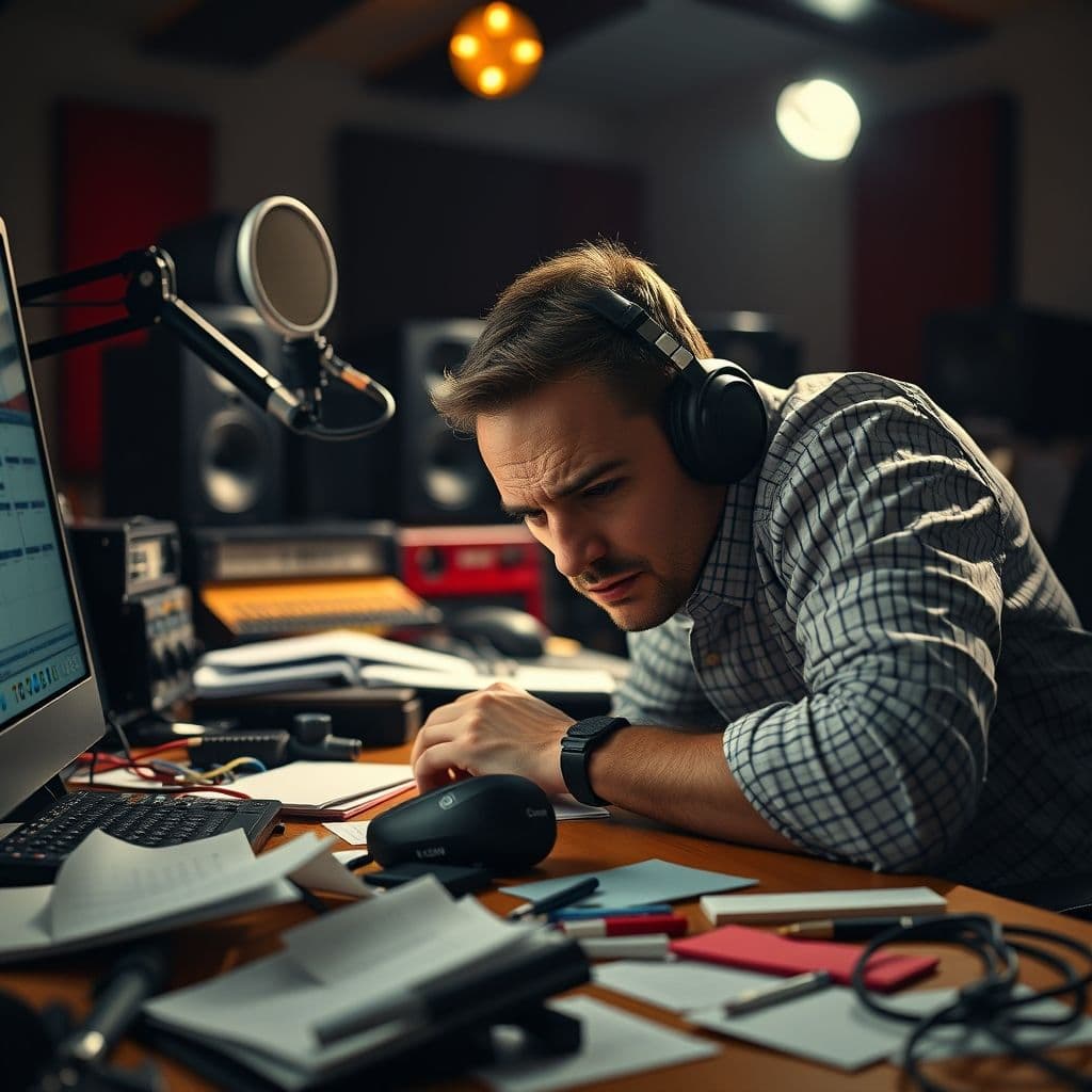 A frustrated content creator struggling with manual transcription of voice notes.