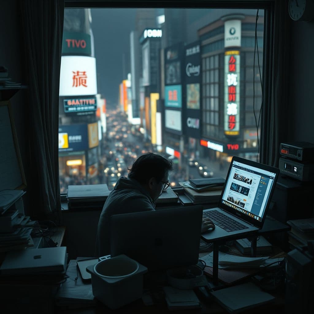 A frustrated freelancer staring at a laptop screen with scattered marketing ideas.