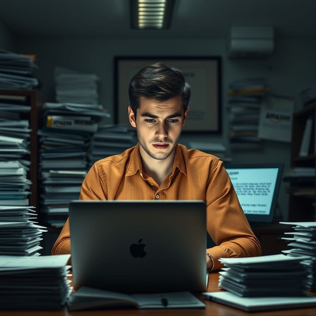 A confused seller surrounded by Amazon policy documents and rejection emails.