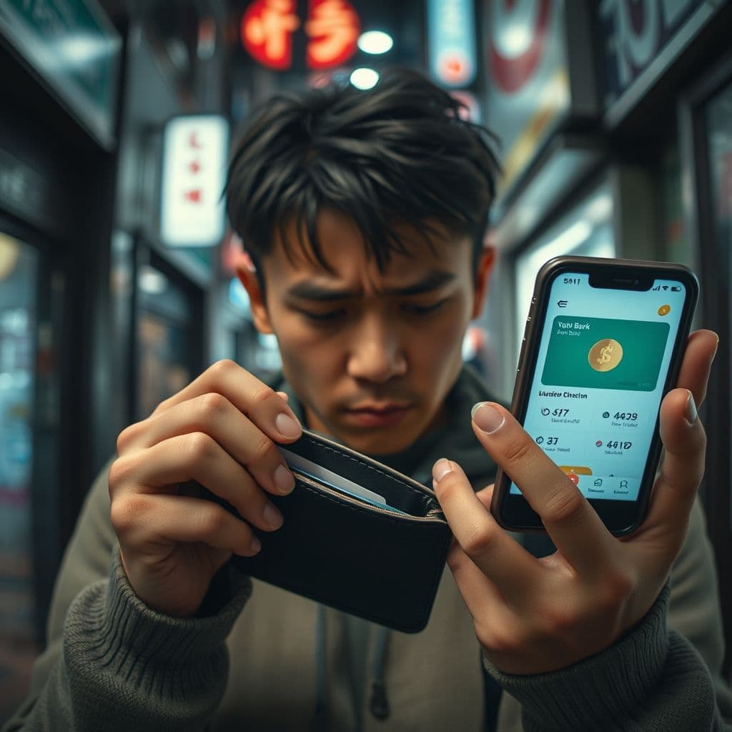 A frustrated person looking at their empty wallet and bank app on their phone.