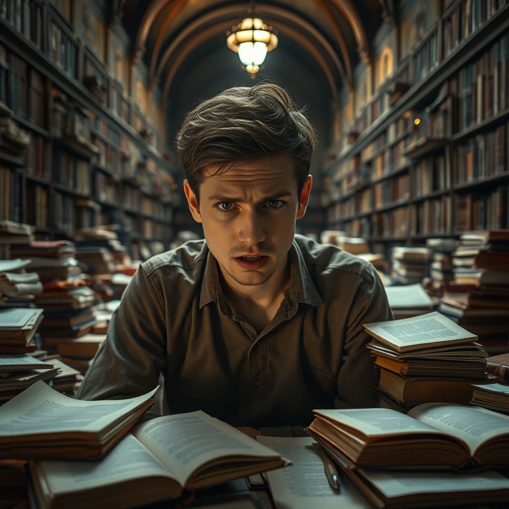 A frustrated student surrounded by disorganized study materials, looking stressed.
