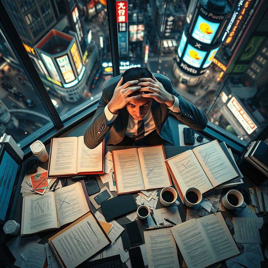 Overwhelmed professional surrounded by conflicting productivity methods