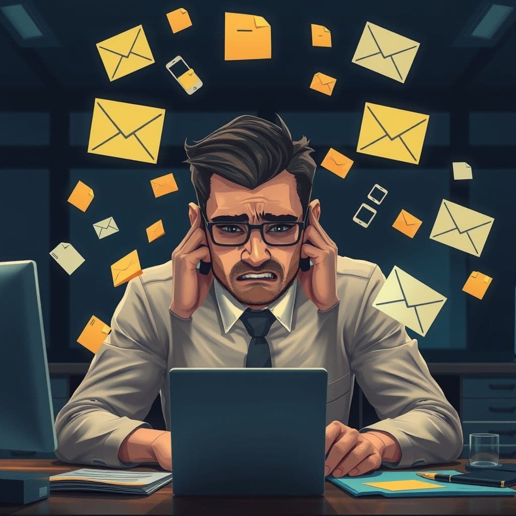 A person overwhelmed by multiple floating tasks and notifications.