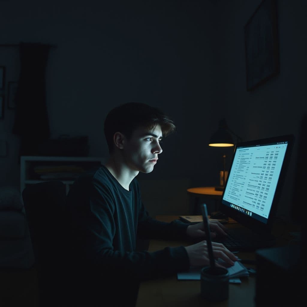 A stressed young adult looking at a laptop screen showing student loan statements.