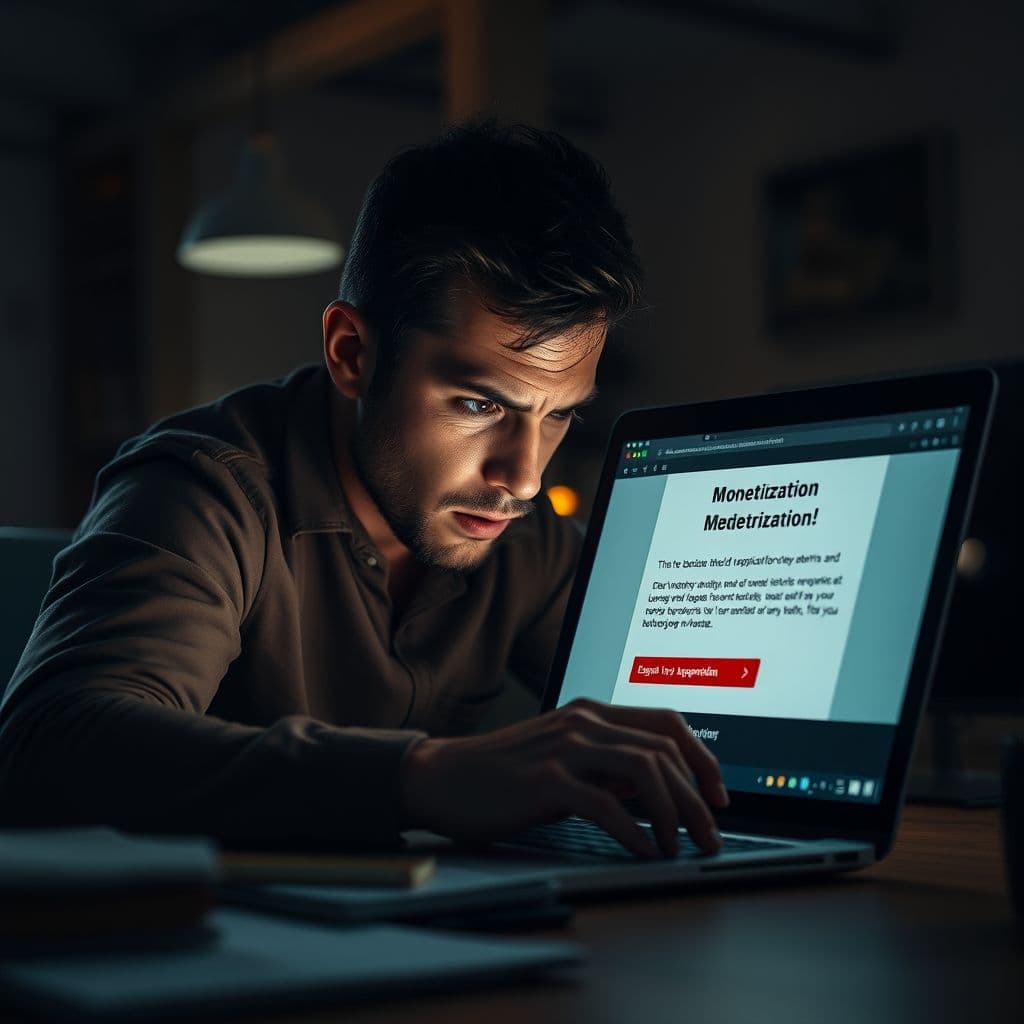 Frustrated digital creator looking at a rejected monetization application.