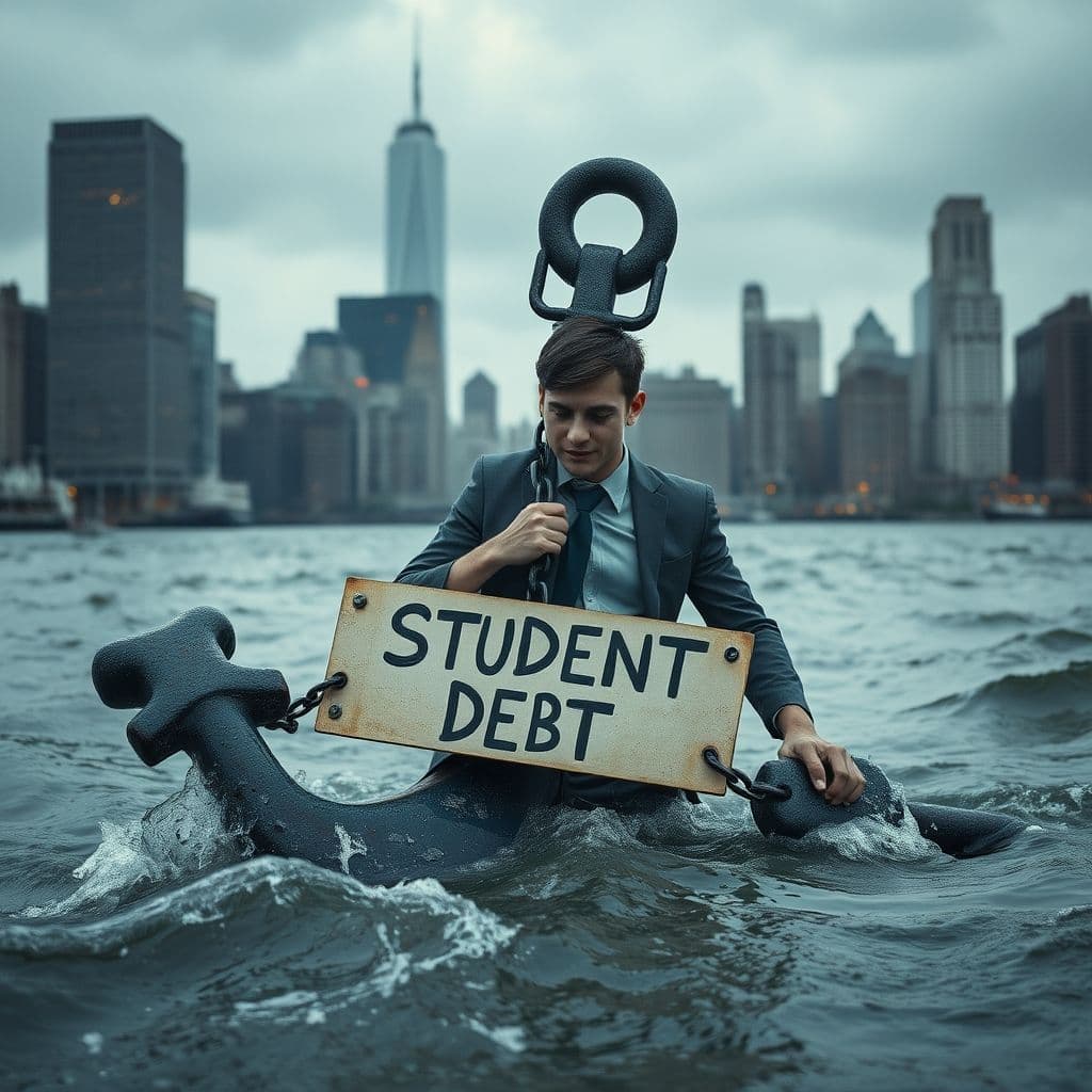 Visual metaphor of student debt as an anchor dragging down a borrower.