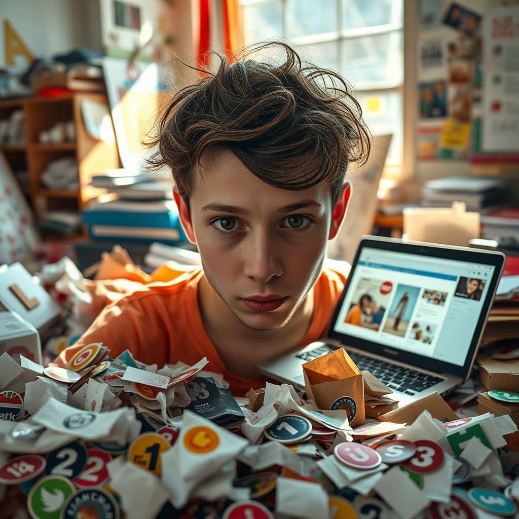 A frustrated artist surrounded by scattered art supplies and a laptop showing an incomplete Etsy shop setup.