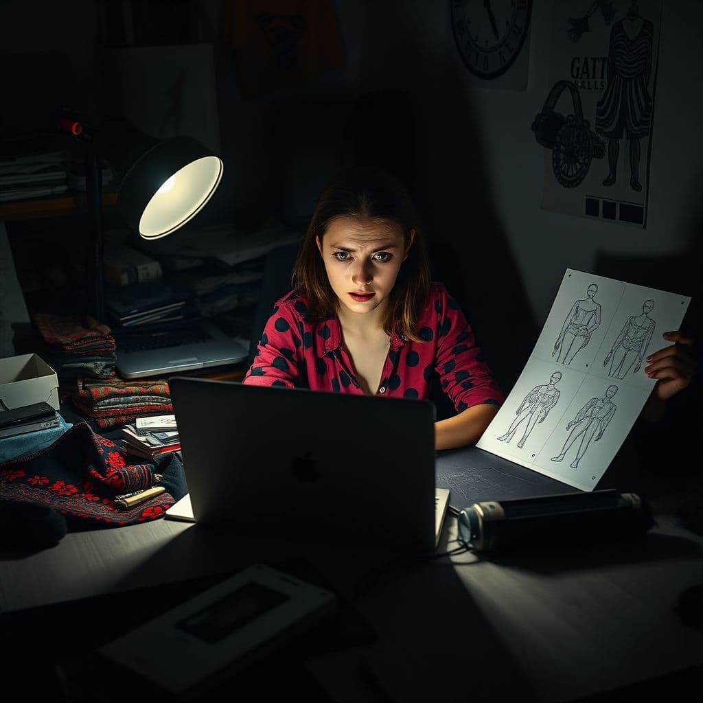 A frustrated fashion entrepreneur looking at a laptop with no sales.