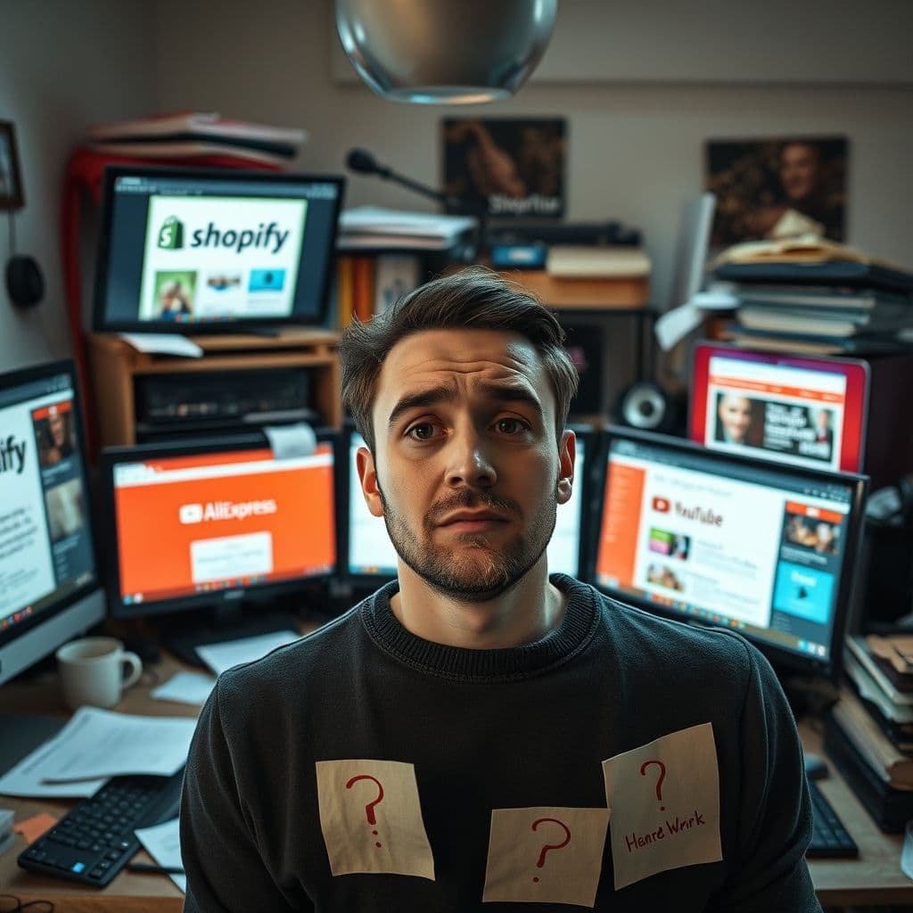 Overwhelmed beginner surrounded by open browser tabs and notes