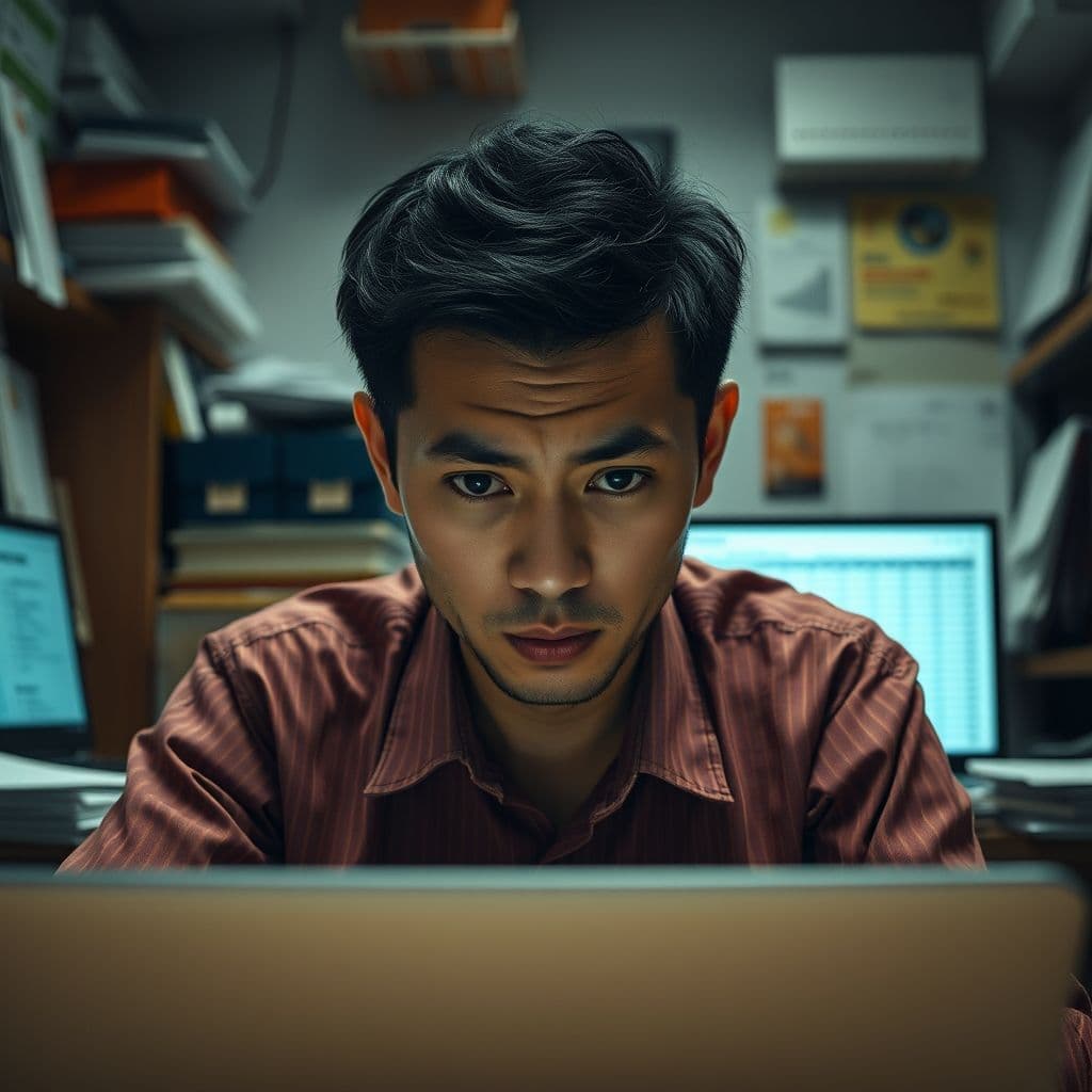 A frustrated user staring at a messy spreadsheet on their laptop.