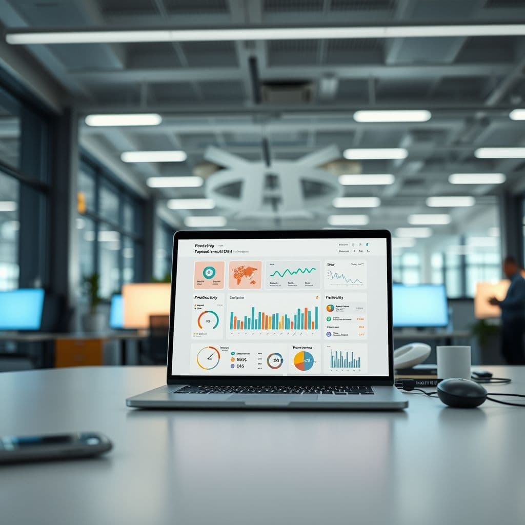 A modern workspace with a laptop displaying a productivity dashboard.